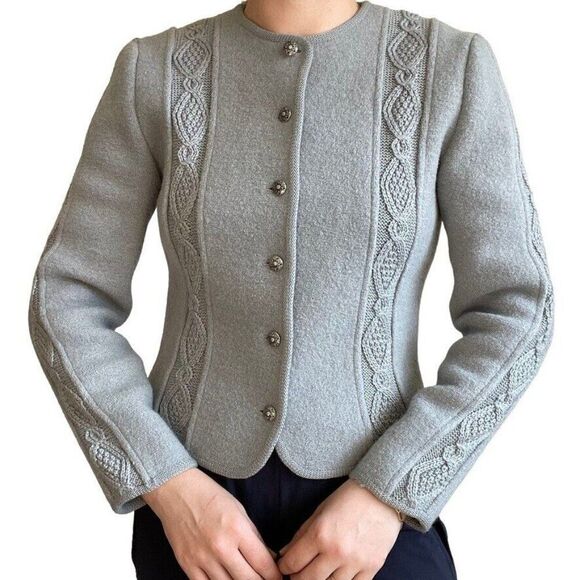 Vintage 80s Womens Woodstock Boiled Wool Gray Bavarian Cable Knit Cardigan Sz M - Picture 3 of 8